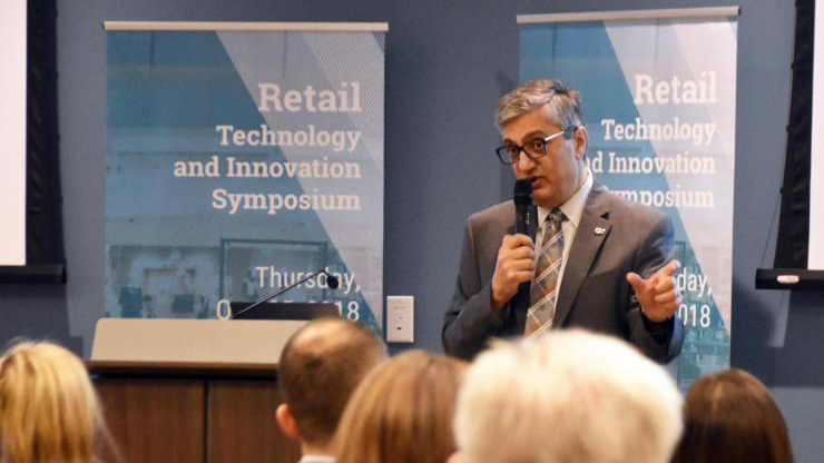 Georgia Tech Executive Vice President for Research Chaouki Abdallah is shown at the Retail Technology and Innovation Symposium. (Credit: Peralte Paul, Georgia Tech)