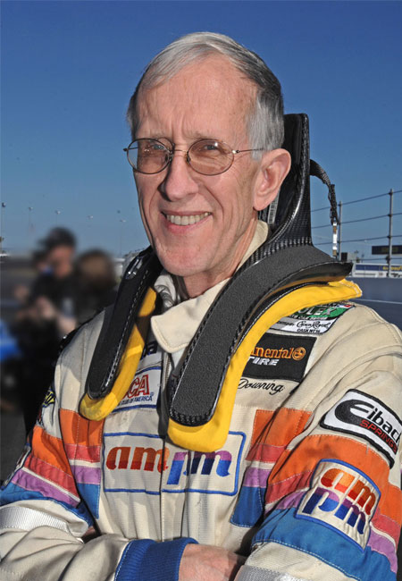 A portrait of Jim Downing wearing his Hans device
