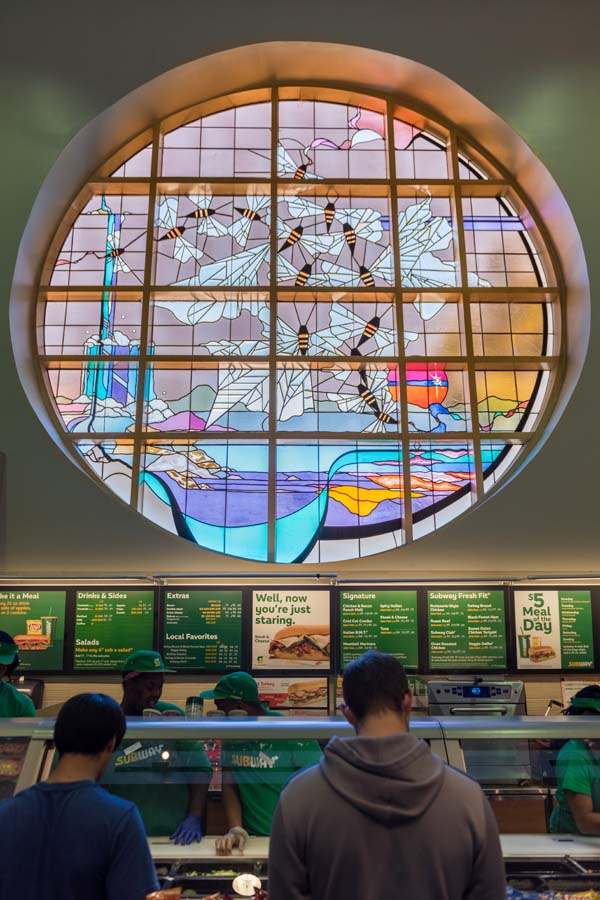 “The Spirit of Tech” stained glass (viewed from the food court), designed by Seranda Vespermann and fabricated by Christopher Vespermann in 1985.
