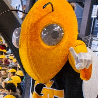 Georgia Tech's mascot, Buzz, points to the camera during Convocation.