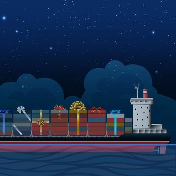 illustration of a container ship with containers made to look like holiday gifts