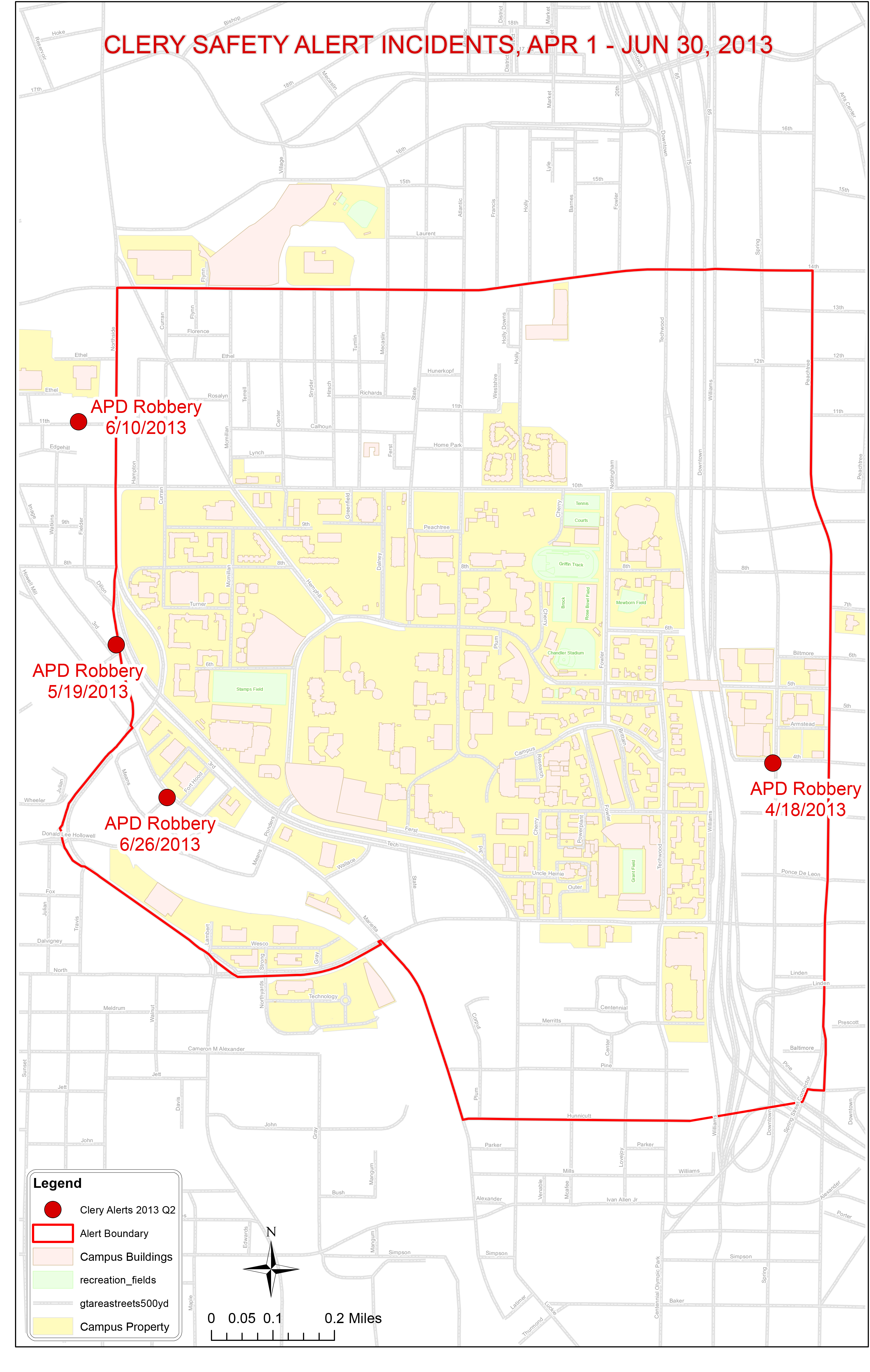 Knowledge is power when it comes to not being a victim of a crime. This map shows where crimes that merited a Clery Alert (distributed to warn about crimes that represent threats to the campus community) occurred between April 1 and June 30.