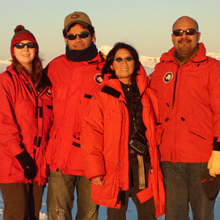 From left to right, Rebecca Wolf, Deepak Adhikari, Jeannette Yen, and Rajat Mittal in Antarctica.