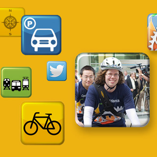 App icons with bicycles, cars, buses, and Kari Watkins.