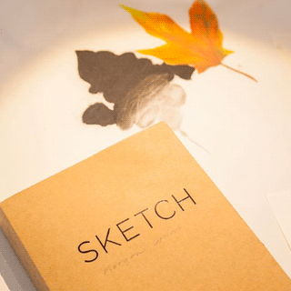 A sketch book, a leaf, and a drawing of a leaf.