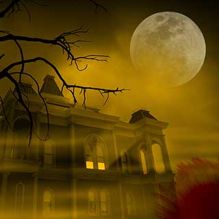 illustration of a haunted house and full moon