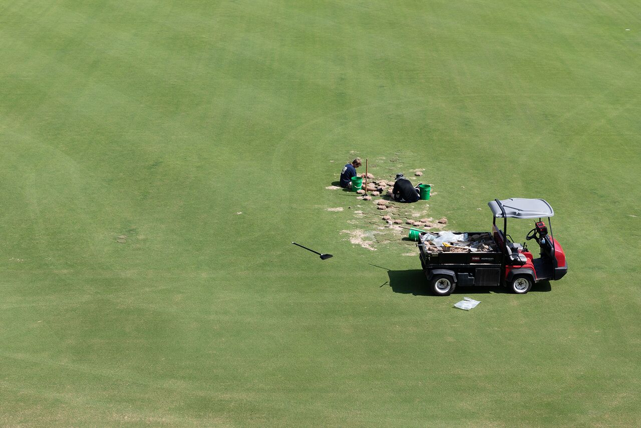 Groundskeepers plug bare spots on Grant Field. 