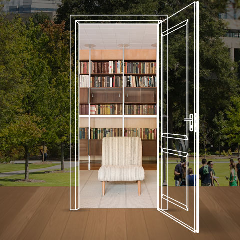The Georgia Tech campus with an illustration of a door. Through the door you see shelves of book. 