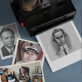 A polaroid camera with photos of Georgia Tech alumni and the director of the Living History program.