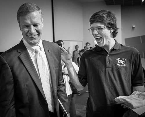 Sophomore sensation Nick Selby shares a laugh with President Peterson