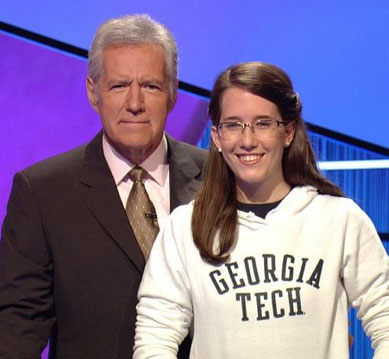Alex Trebek and Kristen Jolley on the set of Jeopardy.