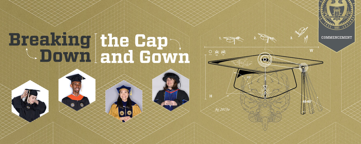 Georgia Tech graduates and professors showing commencement regalia with a humorous mock diagram of a graduation cap