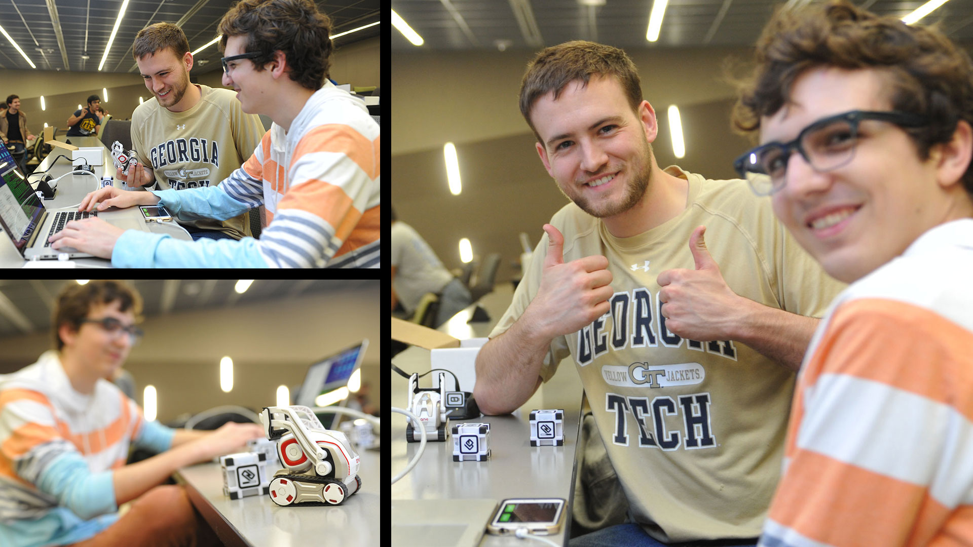 photo matrix - students working with tiny robots in class