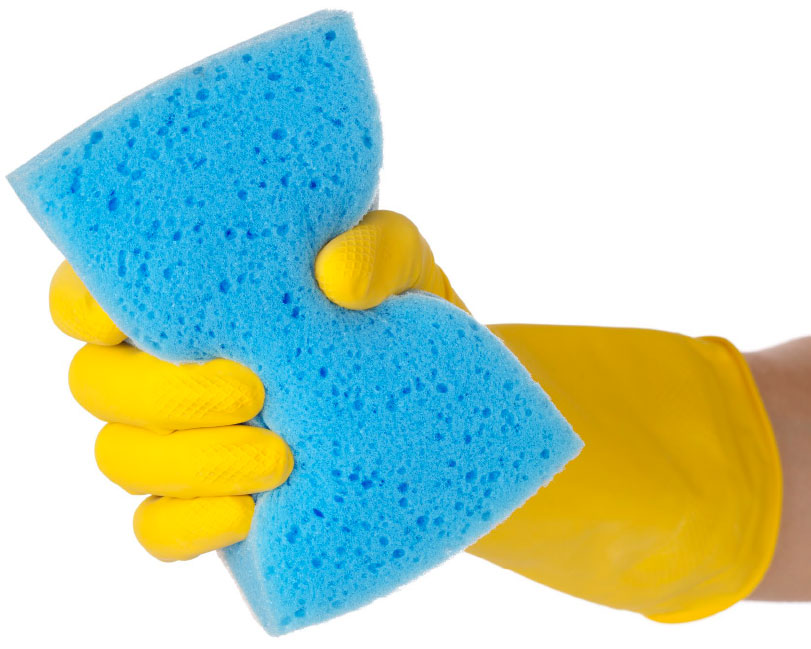 Closeup of a blue synthetic sponge held in a yellow-gloved hand