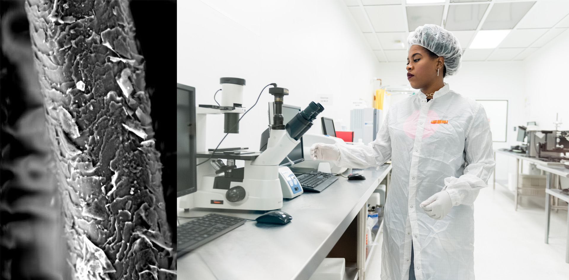 Two photos, one of a microscopic detail of a hair strand, and one of a Myavana employee in a clean room, dressed in protective clothing, approaching a microscope