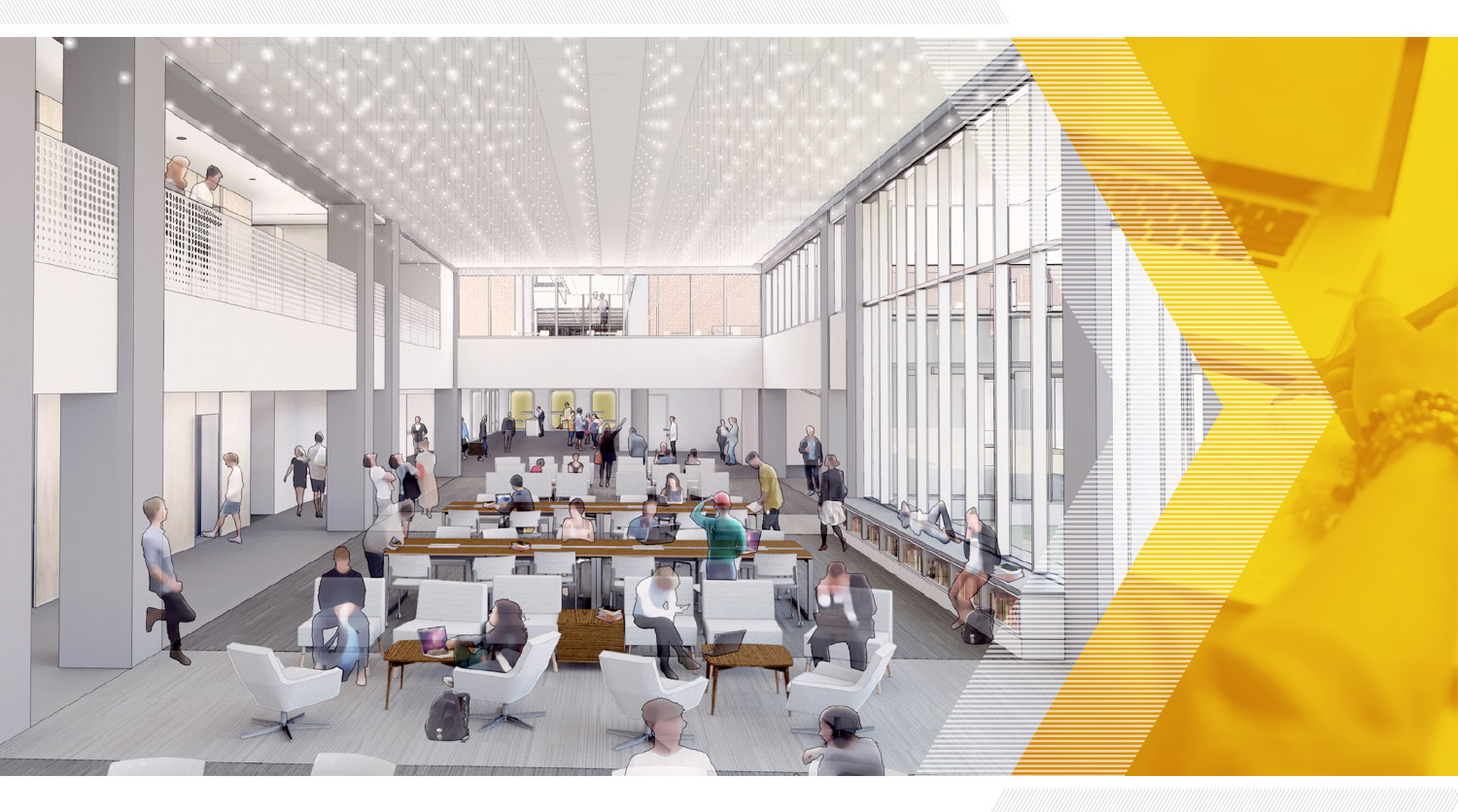 A rendering of the new library, featuring bright sunlight and a large open space for collaborating