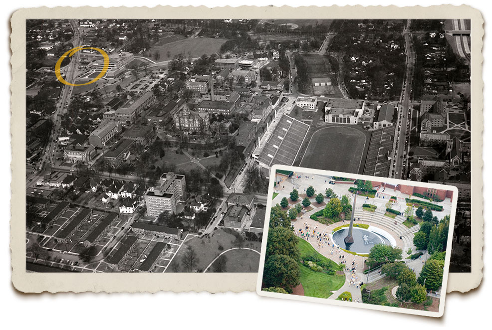 A vintage aerial photo of the Georgia Tech campus with a circle highlighting the location of Hemphill Station. Inset, a photo of the campanile.