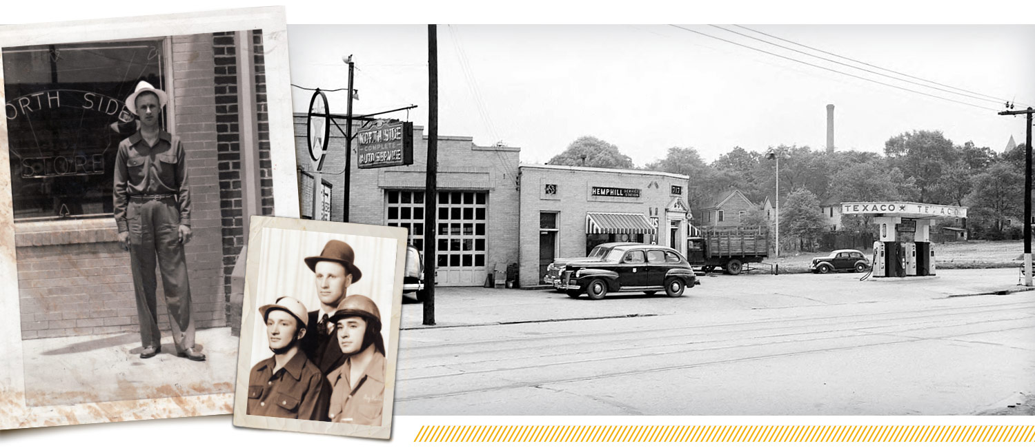 Raymond Parks stnading in front of a neon window sign reading "North Side Store". Another photo of Raymond with two of his racecar drivers. A third photo shows Hemphill Station with Tech Tower visible in the background.