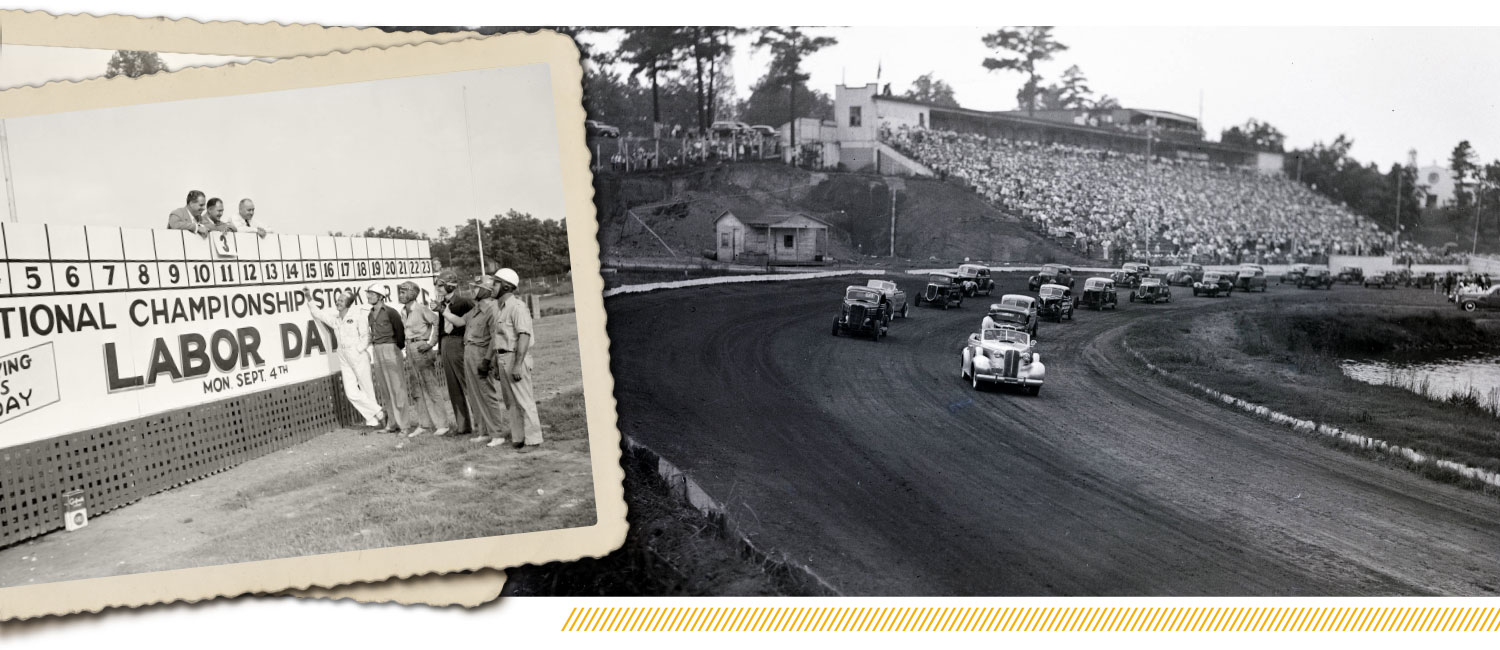 A photo of racecar drivers next to a sign for the National Championship Stock Car Race, smiling up at supporters. On the right is a photo of handsome classic cars racing in a circular track around a pond at the Lakewood Speedway. A very sizable audience watches from the stands.