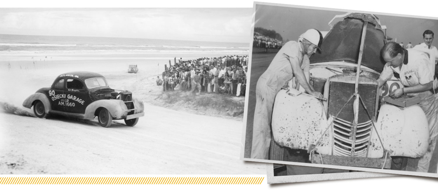 On left, one of Bob Osiecki's Ford's racing in the 1946 national stock car championship. On right, Osiecki and B Ed Samples over hood of car