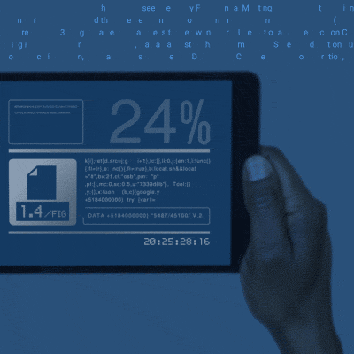 graphic: hand holding tablet device with random stats