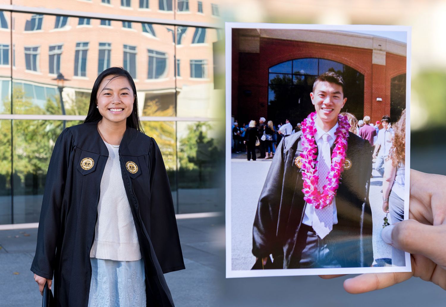 photo composite - student holding vintage photo, and present day photo of student
