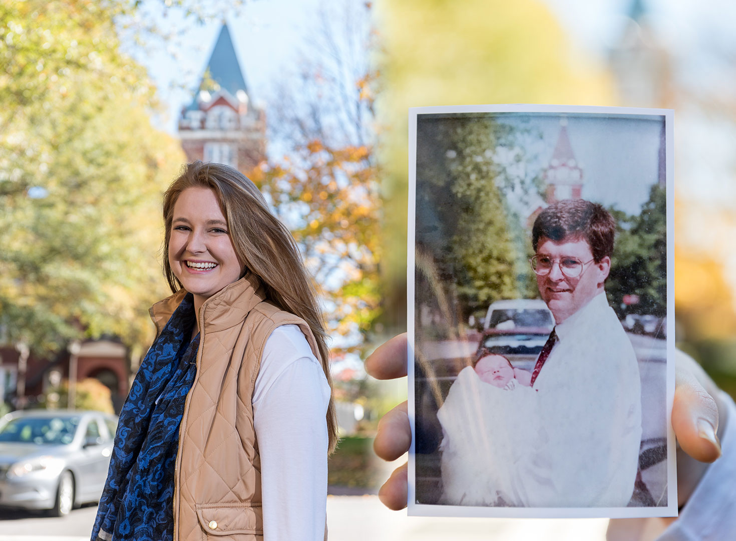 photo composite - student holding vintage photo, and present day photo of student