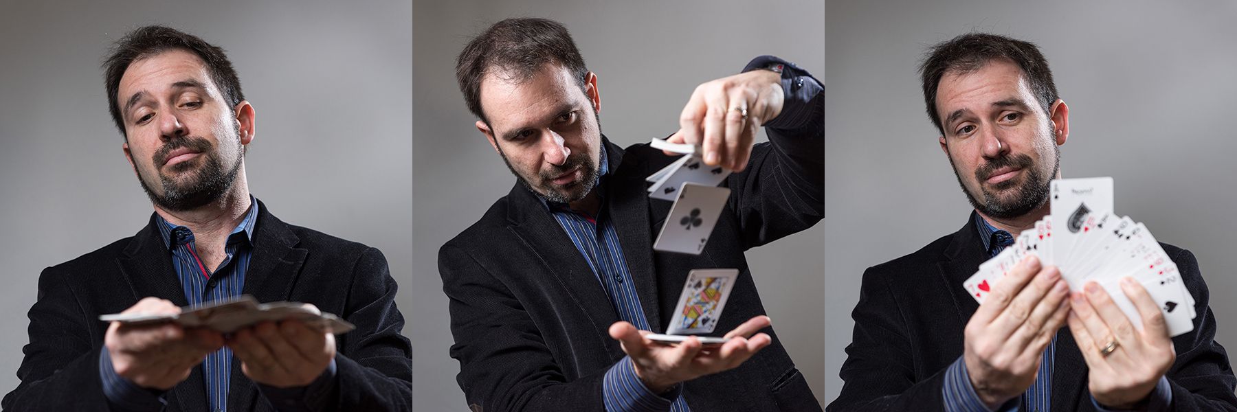 photo - three photos of Professor Matt Baker handling playing cards