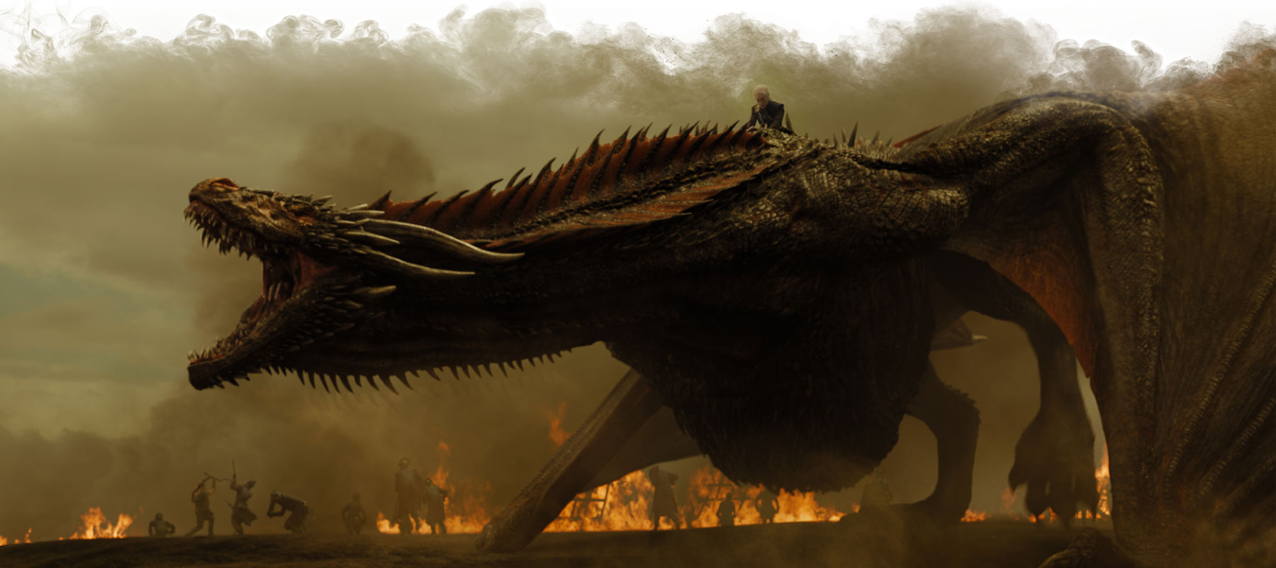 In a scene from HBO's Game of Thrones, Daenerys Targaryen rides a dragon into battle.