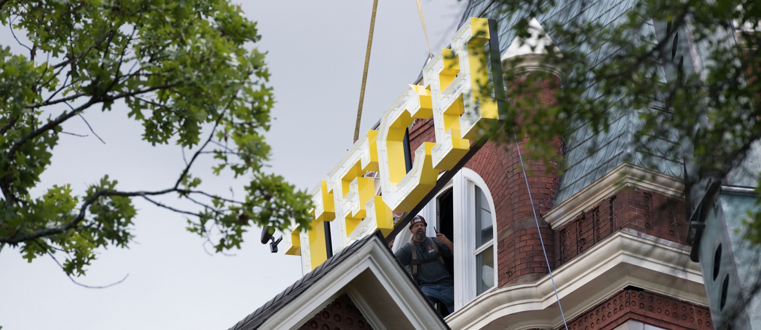 new tech tower letters getting installed