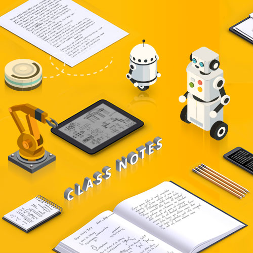 illustration - small robots, ios tablet, phone, and notesbooks on a table