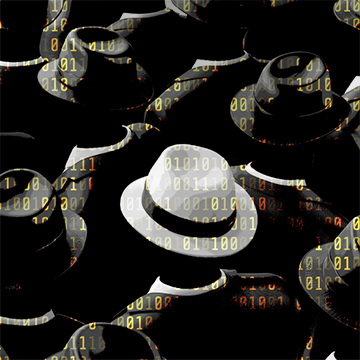 An illustration of a crowd of black hats with a single white hat. Zeros and Ones layer on top.
