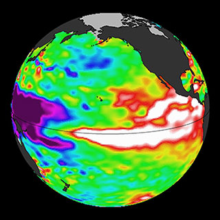Satellite image of Earth showing warming in Pacific ocean.