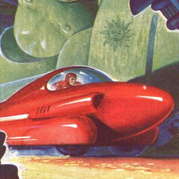 An illustration of a retro-futuristic high-speed vehicle