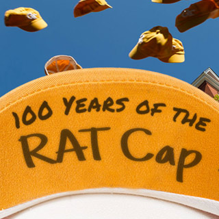 A Georgia Tech rat cap that reads, "100 years of the RAT Cap"