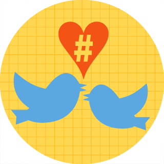 Two Twitter birds, a heart, and a hashtag.