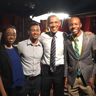 A group of Georgia Tech students pose with President Obama at their secret meeting, held at Manuel's Tavern in Atlanta.