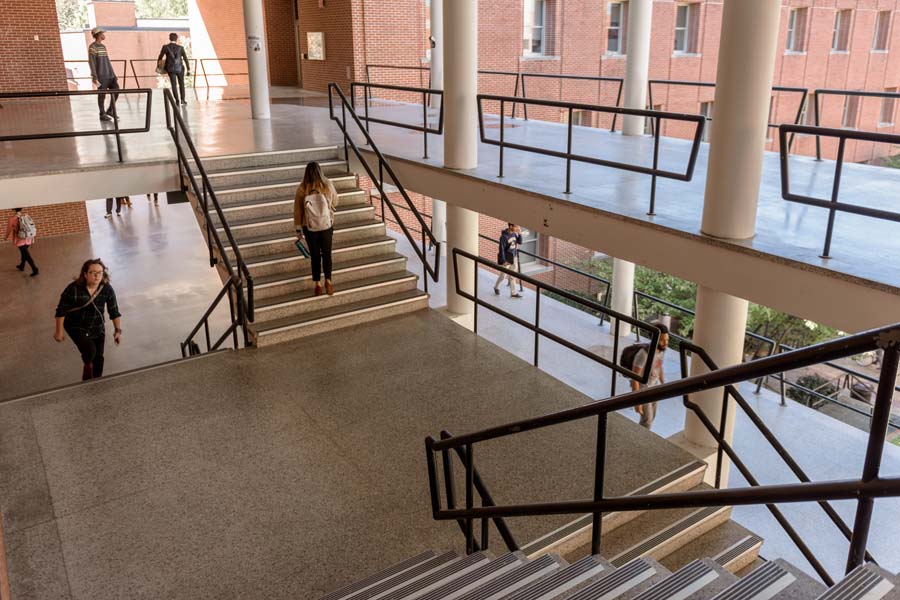 The William Vernon Skiles Classroom Building has open staircases overlooking the inner court.