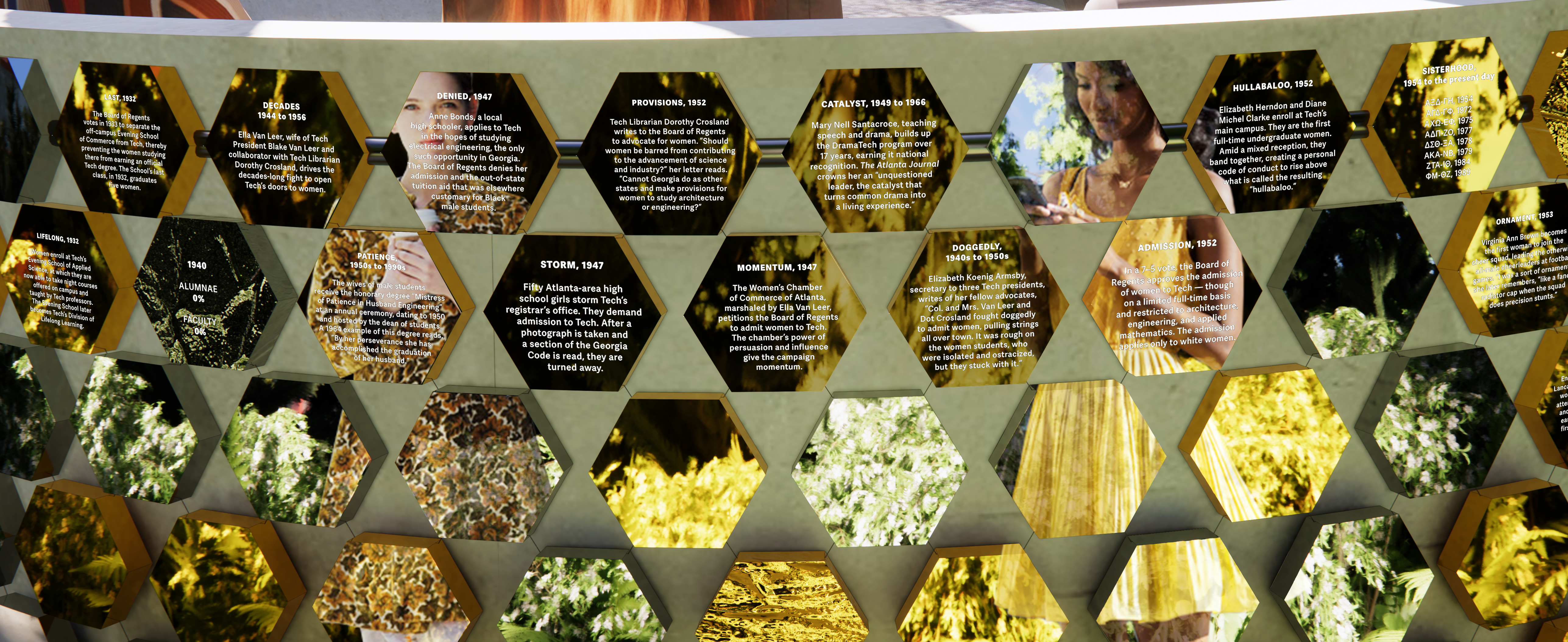 Detail of bench with inscriptions on mirrored hexagons