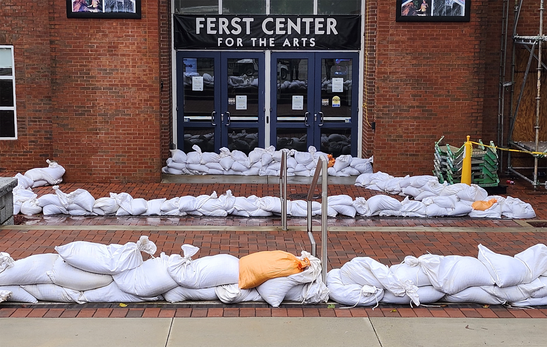 sandbags outside the ferst center for the arts