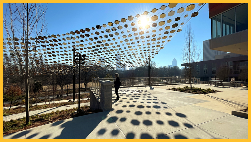 Student under Pathway of Progress with sun shining through