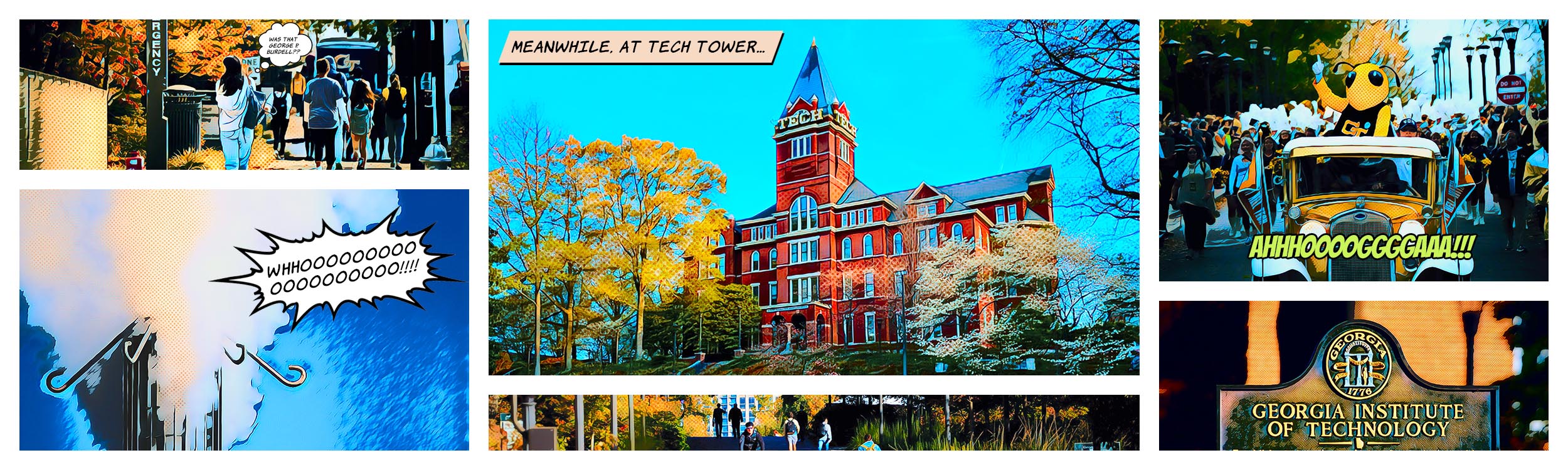 A comic strip effect featuring images of Tech Tower, the whistle, Buzz, the Ramblin' Wreck, campus, and the Georgia Tech sign