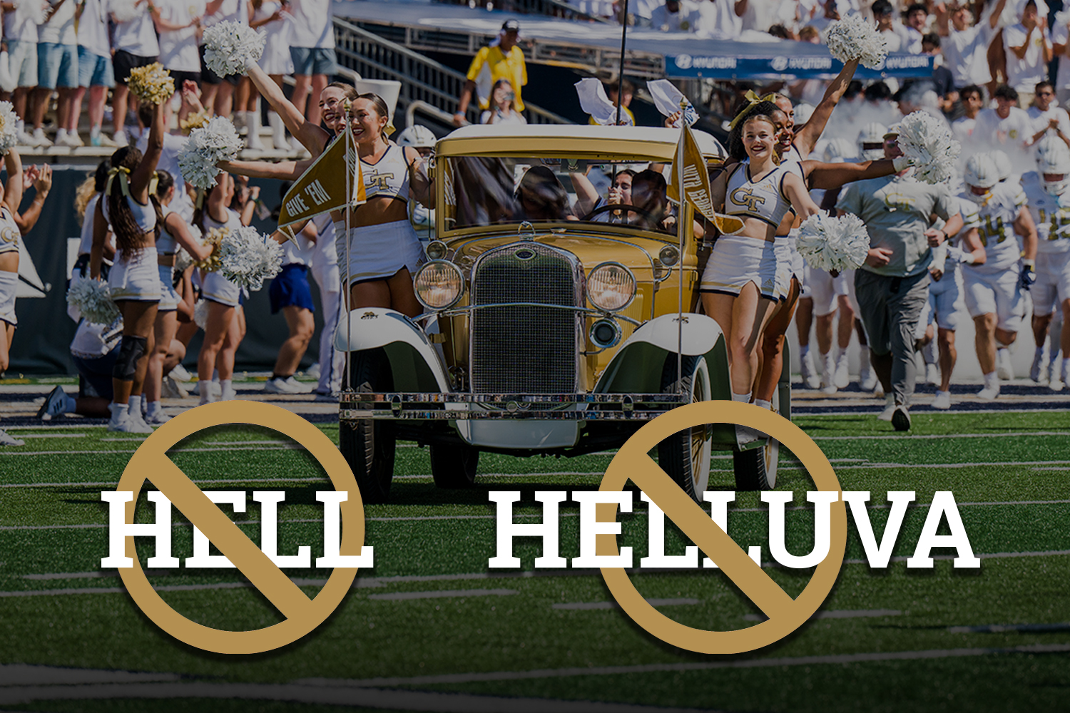 Ramblin' Wreck coming onto the field, but graphics over the front that cross out the words "HELL" and "HELLUVA"