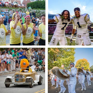 a strip of homecoming images - women cheering at a race, footballplayers smiling, the ramblin' wreck, fans in facepaint, buzz driving a mini wreck, marching band in the parade