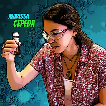 A comic-themed, stylized image of Marissa Cepeda