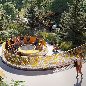 Rendering of people sitting in a circle installation outside.