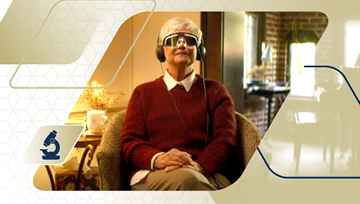 woman wearing therapeutic goggles and headphones