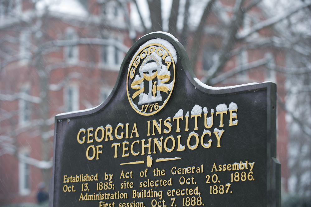 Georgia Tech historic marker covered in snow during a 2014 winter weather event. Photographer: Rob Felt