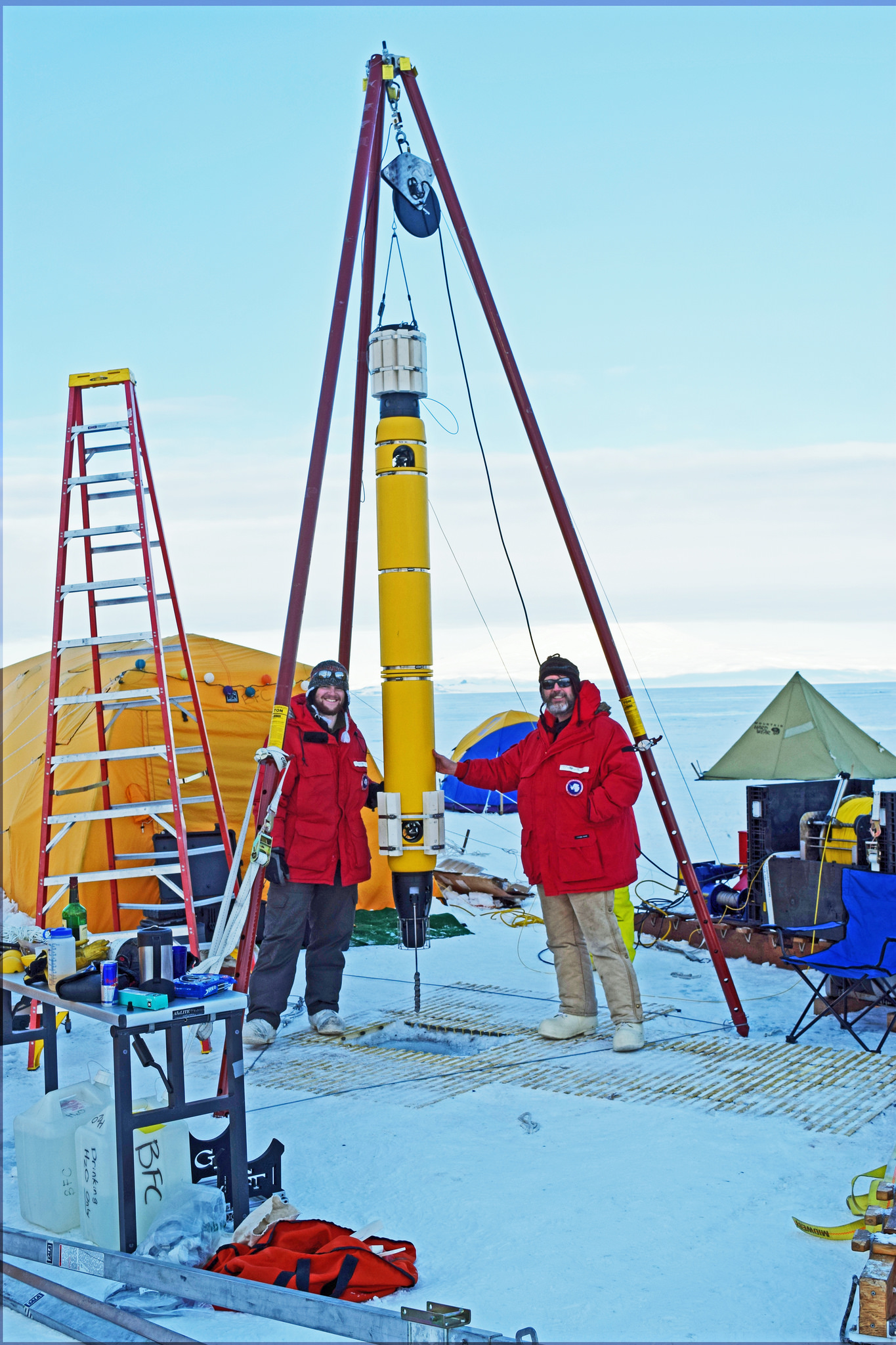Matt Meister, a research assistant at GTRI, and Mick West, moments before deploying Icefin. Photo: Jacob Buffo.