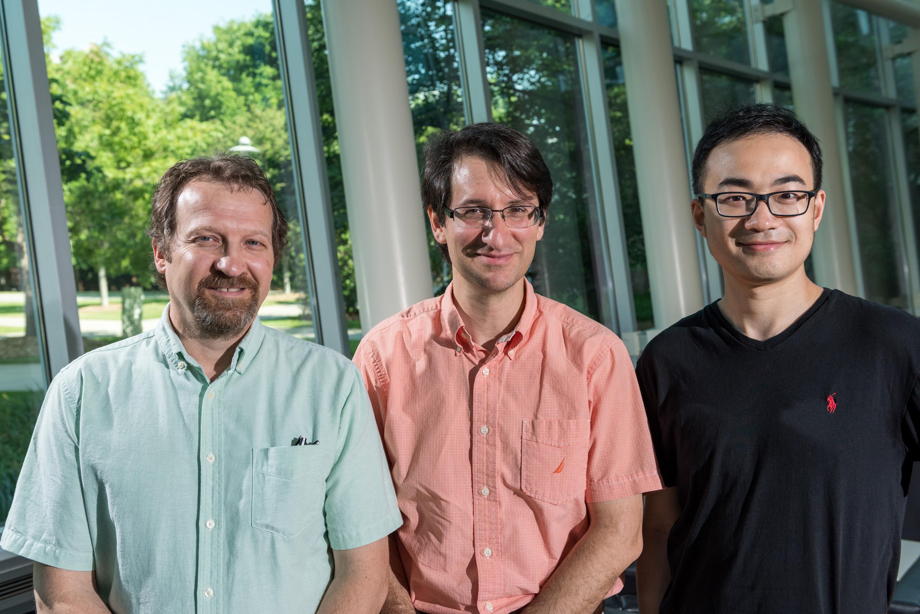 Rodney Weber, a professor in Georgia Tech’s School of Earth &amp; Atmospheric Sciences, Athanasios Nenes, a professor and Georgia Power Scholar in the School of Earth &amp; Atmospheric Sciences and the School of Chemical &amp; Biomolecular Engineering, and Yuzhong Zhang, a postdoctoral researcher. (Credit: Rob Felt)